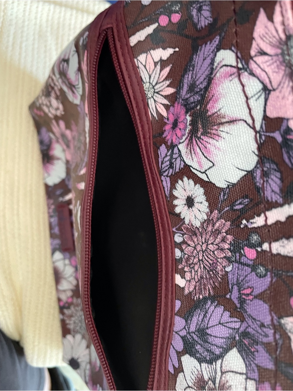 Sakroots Floral Crossbody Bag in Burgundy with Pink, Purple and White Accents - Picture 4 of 7